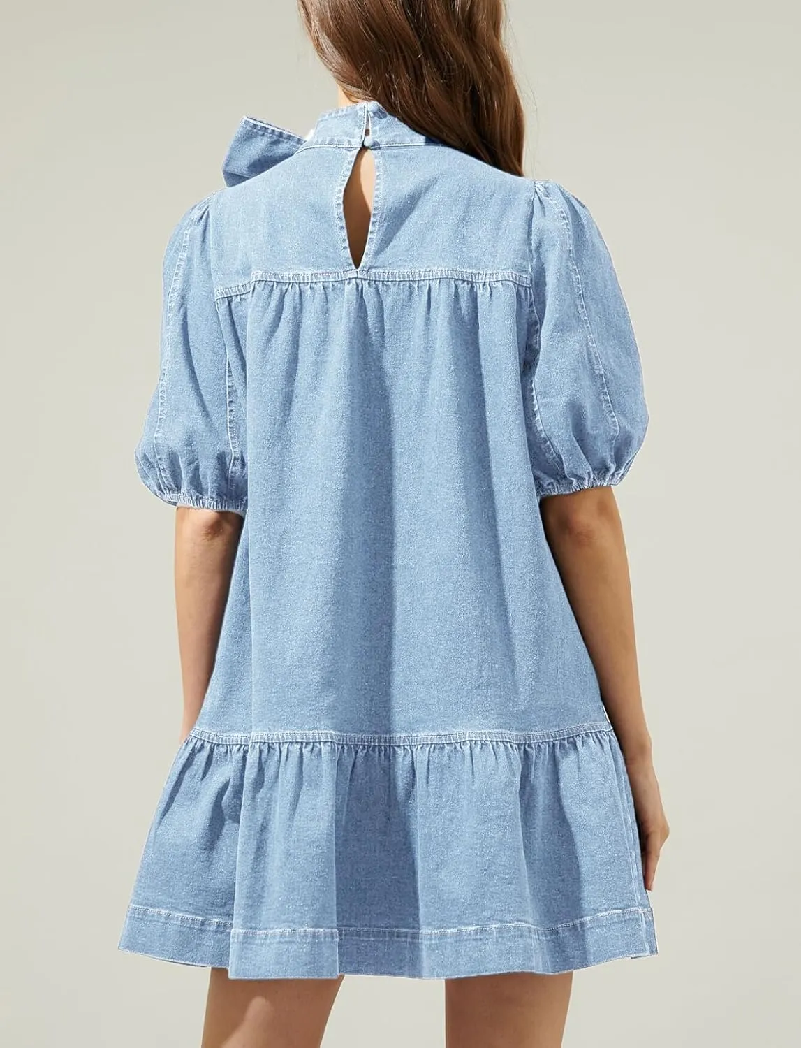 Women Summer Puff Short Sleeve Denim Dress Mock Neck Babydoll Jean Dress with Bow