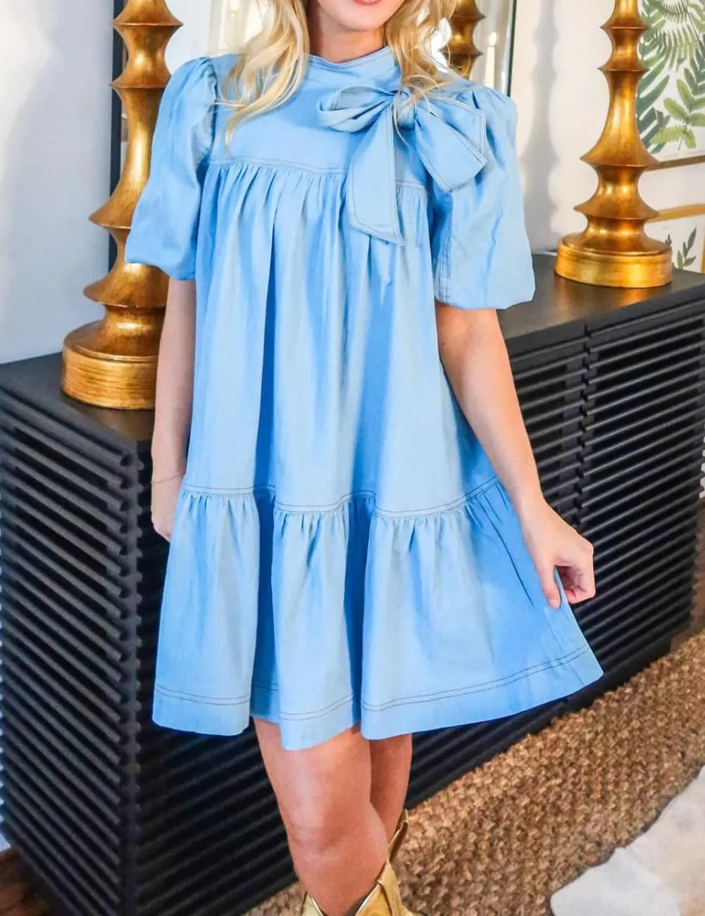 Women Summer Puff Short Sleeve Denim Dress Mock Neck Babydoll Jean Dress with Bow