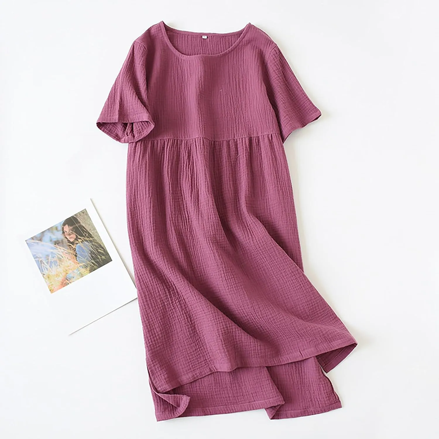 Women Summer Short Sleeve Midi Shirt Dress Casual Crew Neck High-Low Split Hem Shift Dresses Soft Lightweight Loungewear