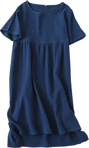 Women Summer Short Sleeve Midi Shirt Dress Casual Crew Neck High-Low Split Hem Shift Dresses Soft Lightweight Loungewear