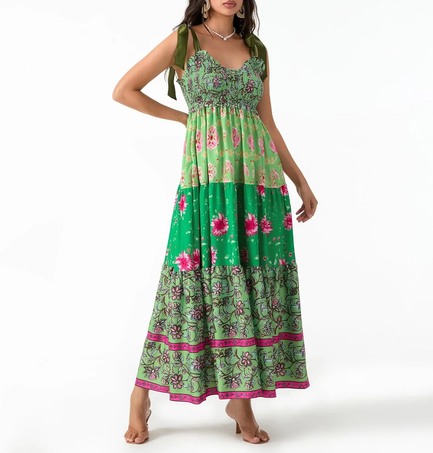 Women Summer Smocked Sleeveless Maxi Dress V-Neck Tie Shoulder Beach Sundresses Boho Floral Print Long Dress