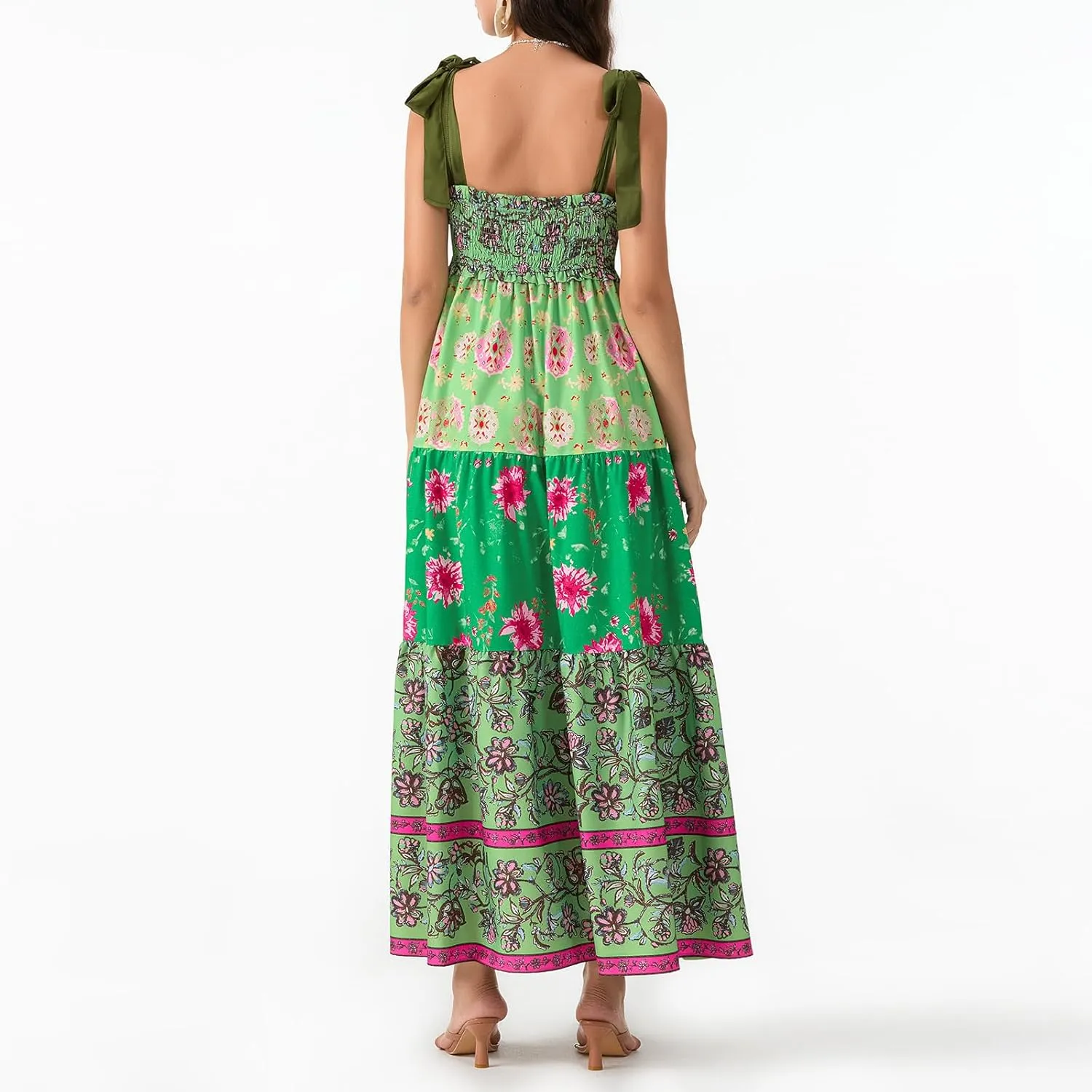 Women Summer Smocked Sleeveless Maxi Dress V-Neck Tie Shoulder Beach Sundresses Boho Floral Print Long Dress