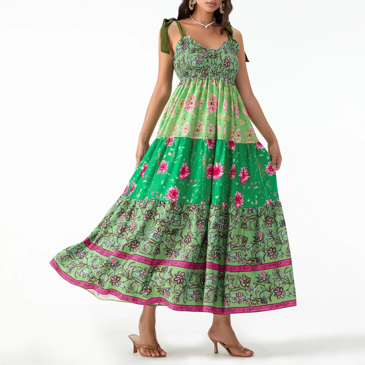 Women Summer Smocked Sleeveless Maxi Dress V-Neck Tie Shoulder Beach Sundresses Boho Floral Print Long Dress