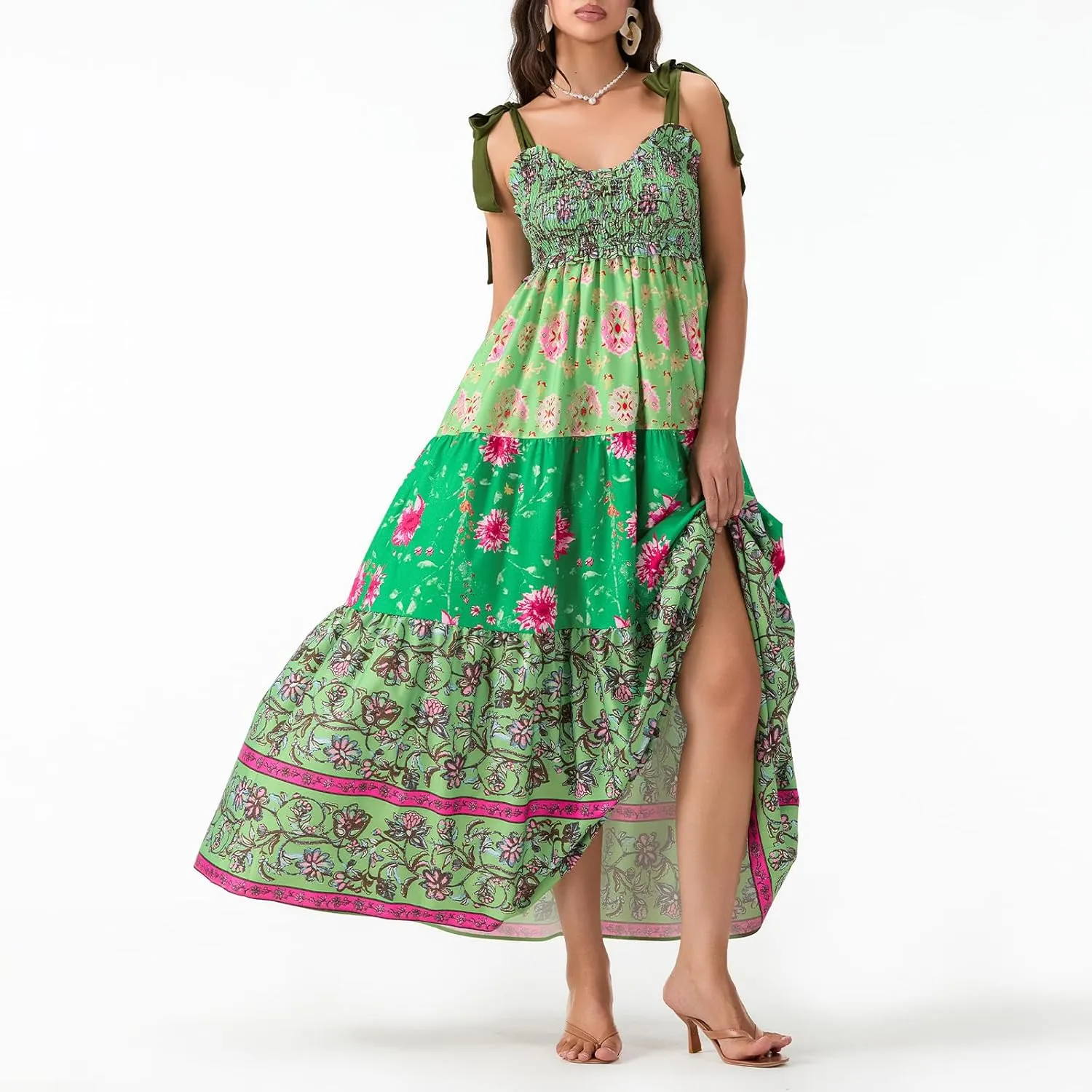 Women Summer Smocked Sleeveless Maxi Dress V-Neck Tie Shoulder Beach Sundresses Boho Floral Print Long Dress