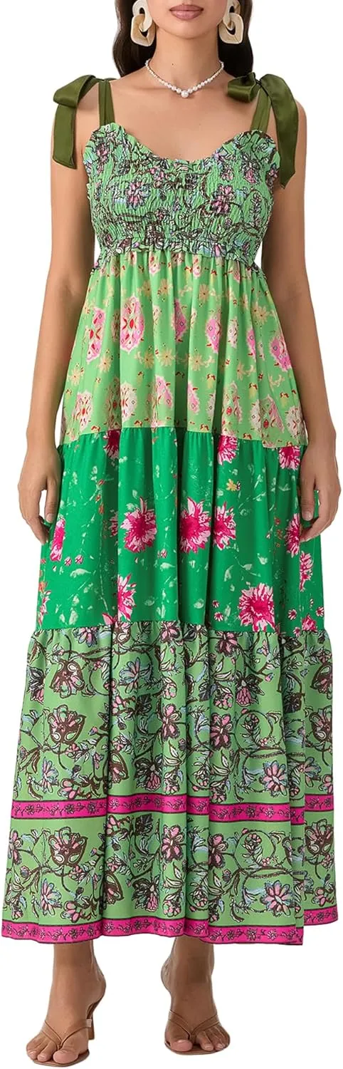 Women Summer Smocked Sleeveless Maxi Dress V-Neck Tie Shoulder Beach Sundresses Boho Floral Print Long Dress