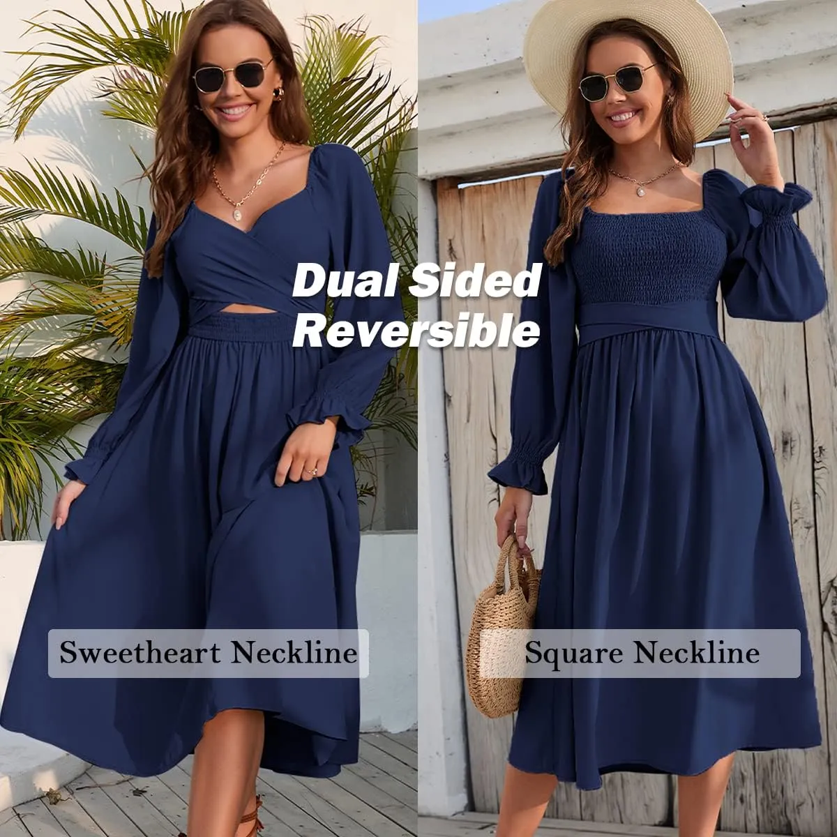 Women Tie Back Long Puff Sleeve Dress Sage Ruffle Wrap Reversible Flowy Casual Midi Dress with Pocket for Party Wedding Beach