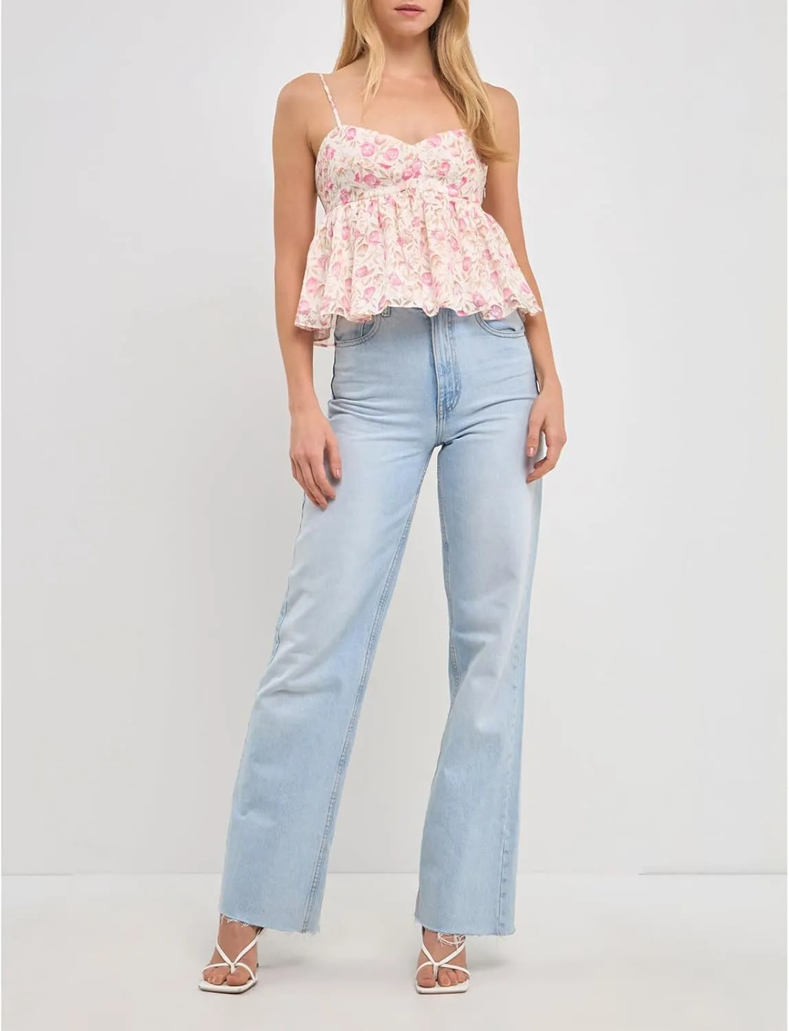Women Y2k Cami Tank Top Spaghetti Strap Floral Print Ruffle Hem Camisole Flowy Summer Going Out Top