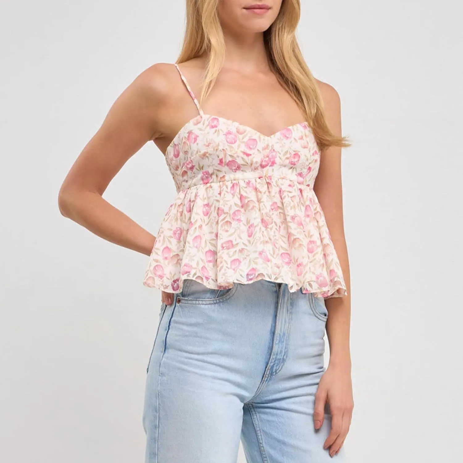Women Y2k Cami Tank Top Spaghetti Strap Floral Print Ruffle Hem Camisole Flowy Summer Going Out Top