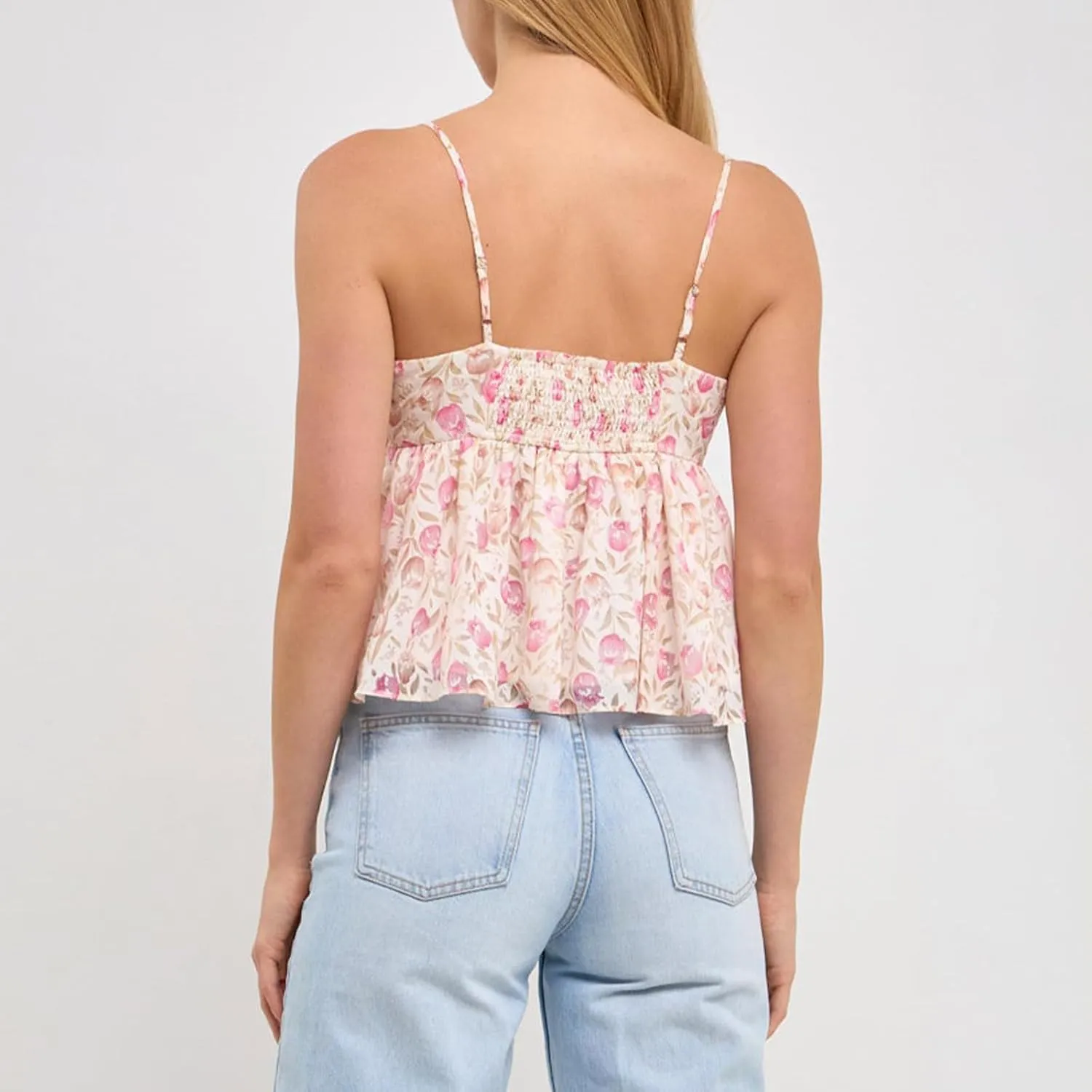 Women Y2k Cami Tank Top Spaghetti Strap Floral Print Ruffle Hem Camisole Flowy Summer Going Out Top