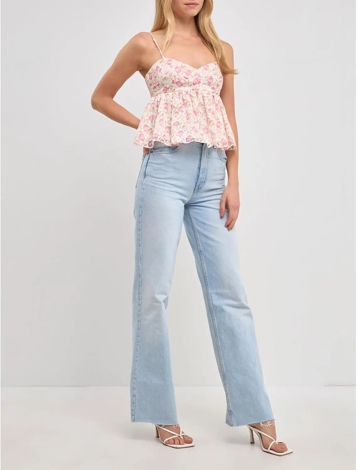 Women Y2k Cami Tank Top Spaghetti Strap Floral Print Ruffle Hem Camisole Flowy Summer Going Out Top