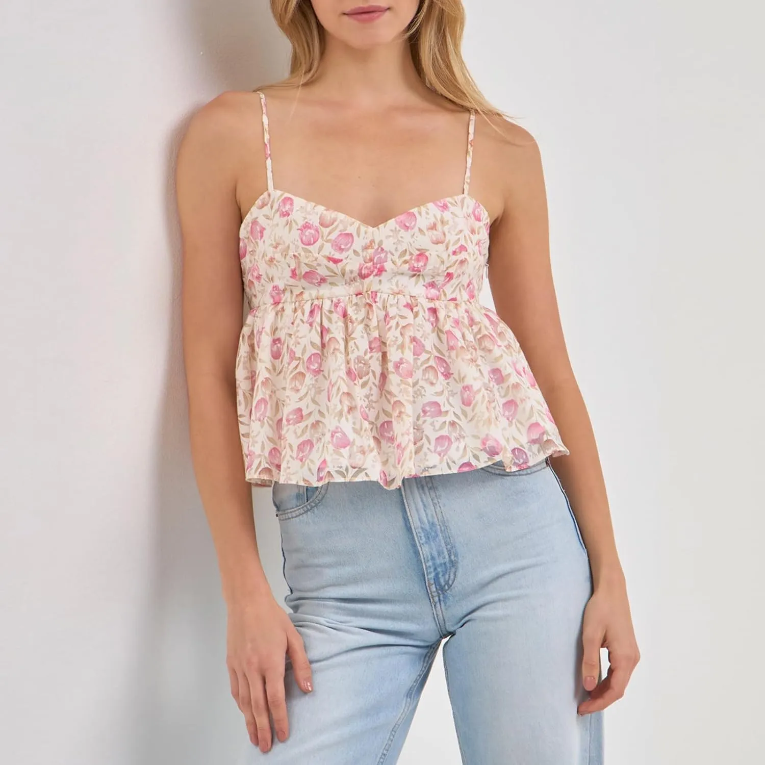 Women Y2k Cami Tank Top Spaghetti Strap Floral Print Ruffle Hem Camisole Flowy Summer Going Out Top