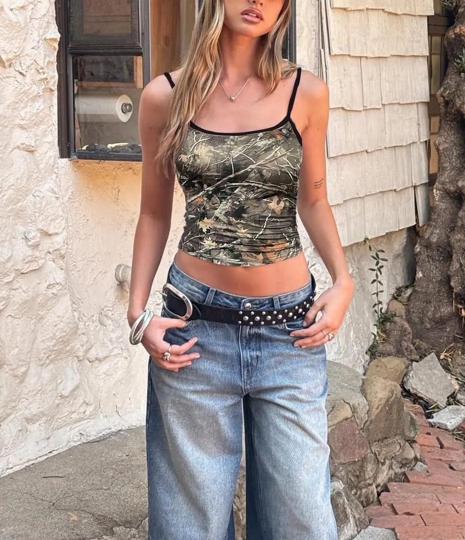 Women Y2k Camo Cami Top Spaghetti Strap Maple Print Crop Tank Top Vintage Camouflage Summer Camisole