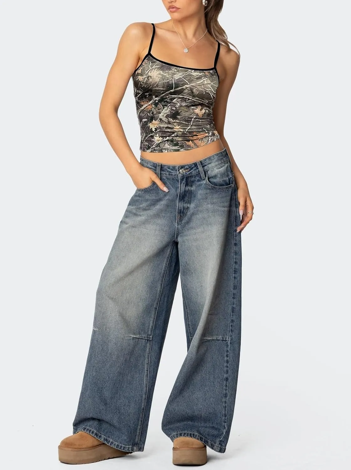 Women Y2k Camo Cami Top Spaghetti Strap Maple Print Crop Tank Top Vintage Camouflage Summer Camisole