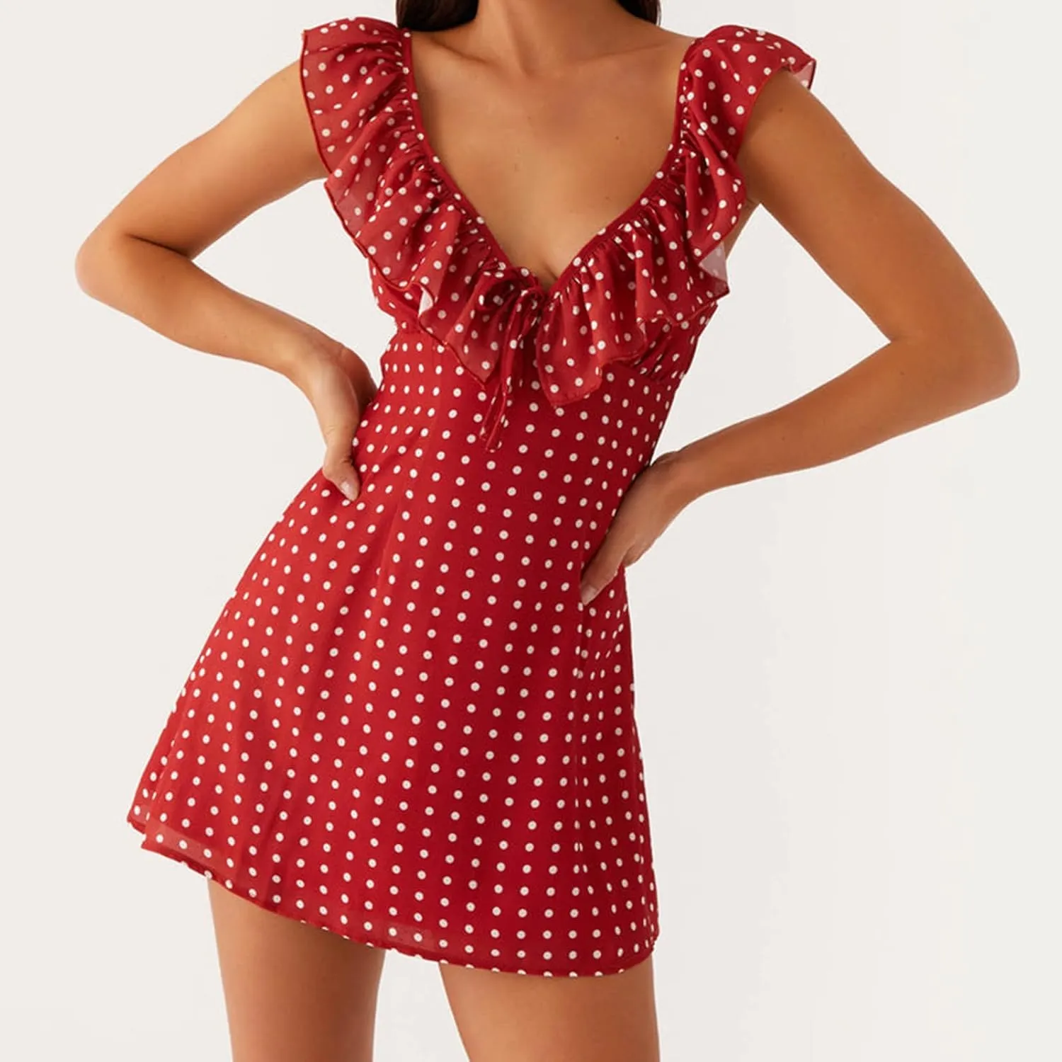 Women Y2K Floral Bodycon Mini Dress Summer Sleeveless Backless Tie-up Ruffle V-Neck Coquette Sundresses