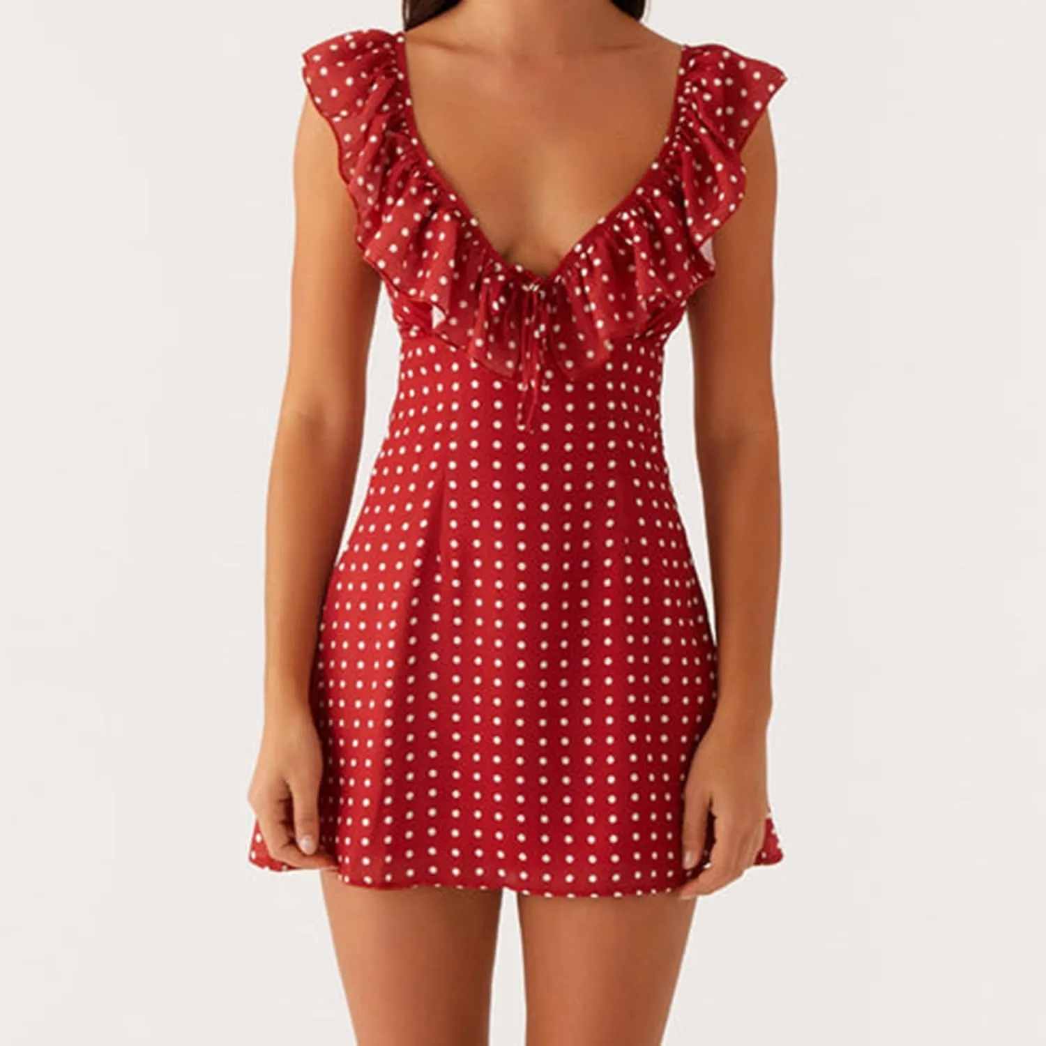Women Y2K Floral Bodycon Mini Dress Summer Sleeveless Backless Tie-up Ruffle V-Neck Coquette Sundresses