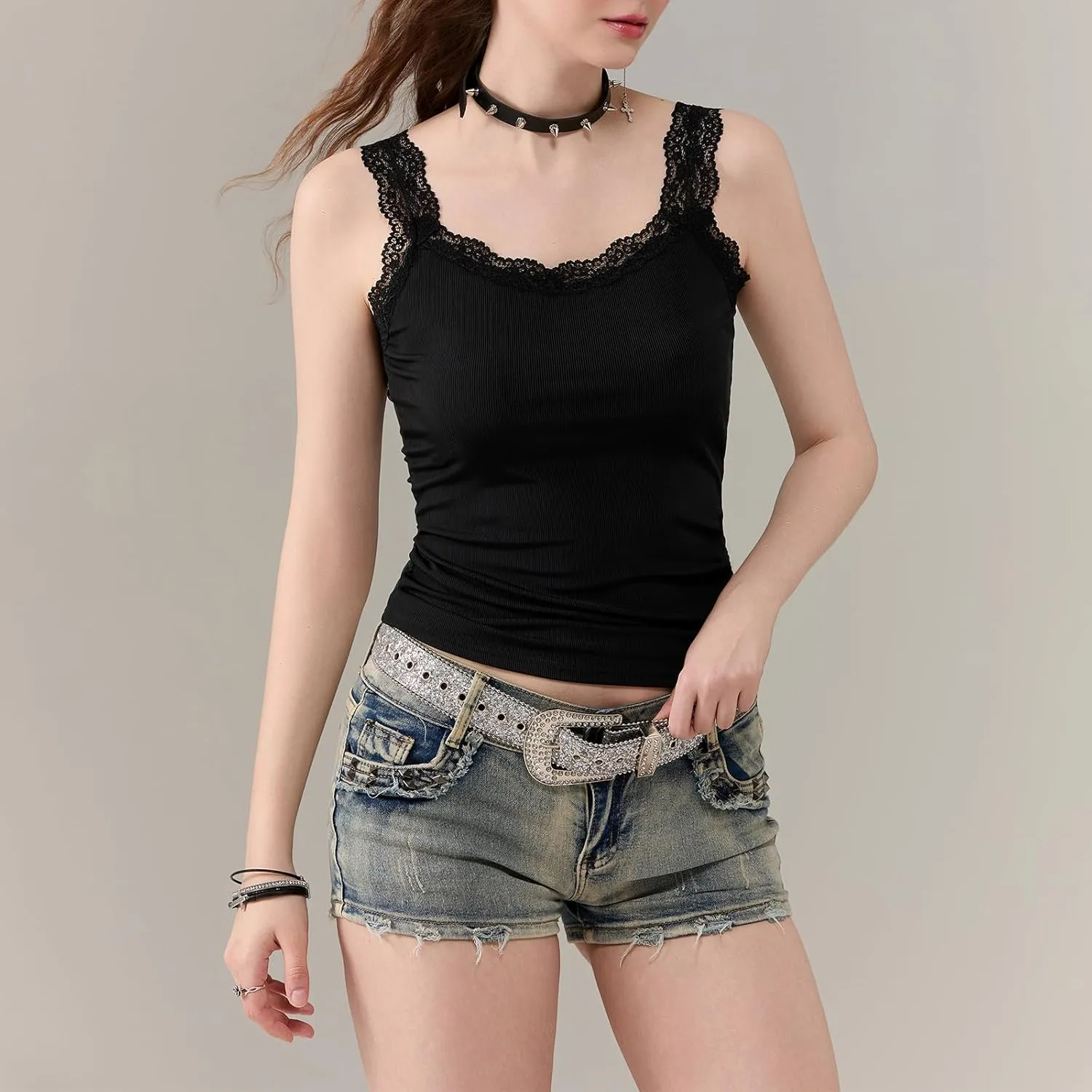 Women Y2K Lace Patchwork Tank Top Aesthetic Low Cut Sleeveless Backless Vest Vintage Camisole Crop Top Streetwear
