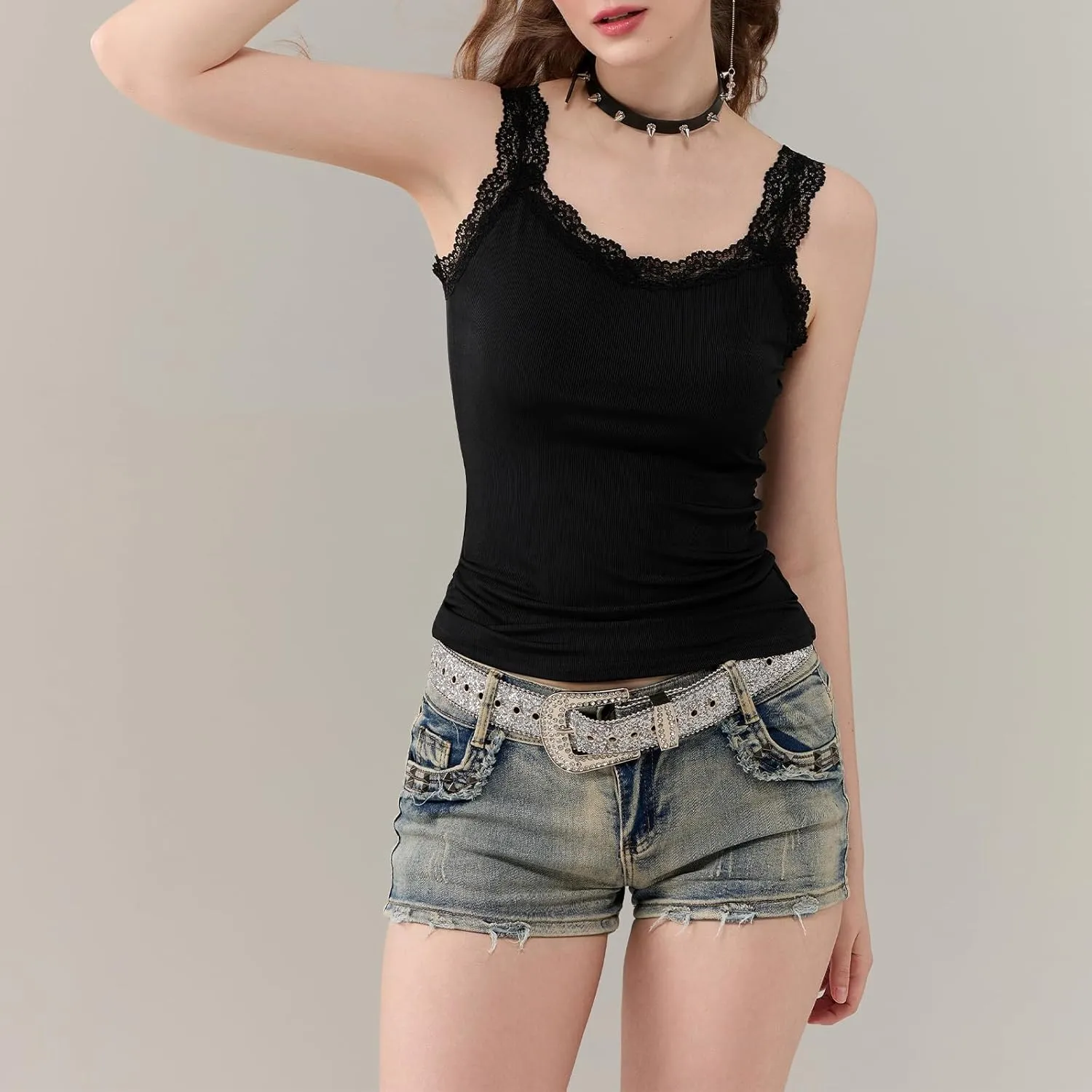 Women Y2K Lace Patchwork Tank Top Aesthetic Low Cut Sleeveless Backless Vest Vintage Camisole Crop Top Streetwear