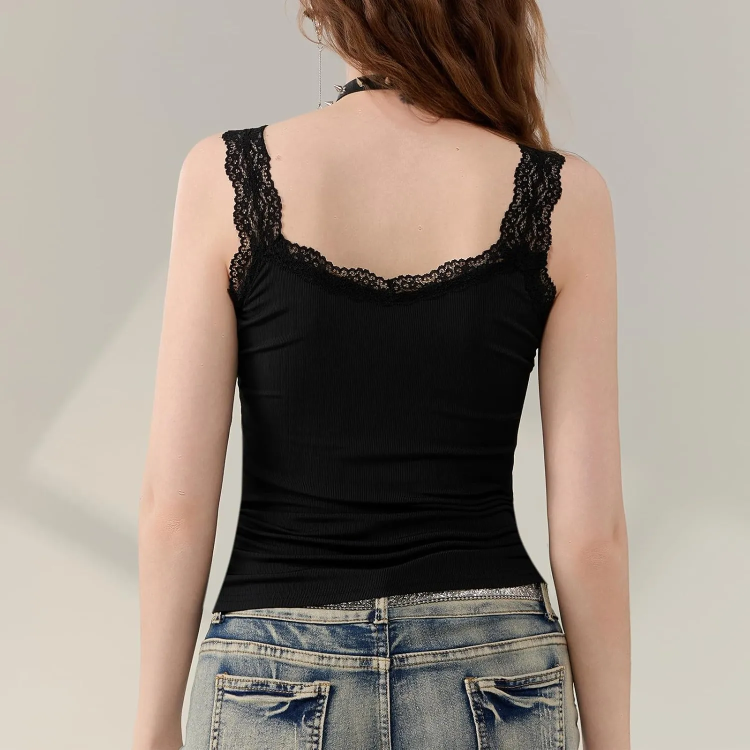 Women Y2K Lace Patchwork Tank Top Aesthetic Low Cut Sleeveless Backless Vest Vintage Camisole Crop Top Streetwear
