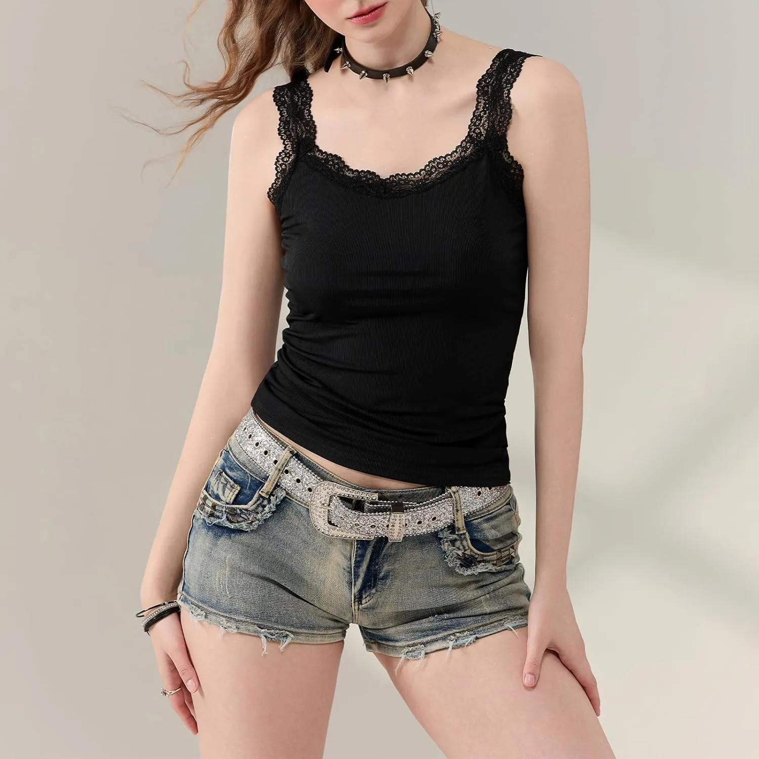 Women Y2K Lace Patchwork Tank Top Aesthetic Low Cut Sleeveless Backless Vest Vintage Camisole Crop Top Streetwear