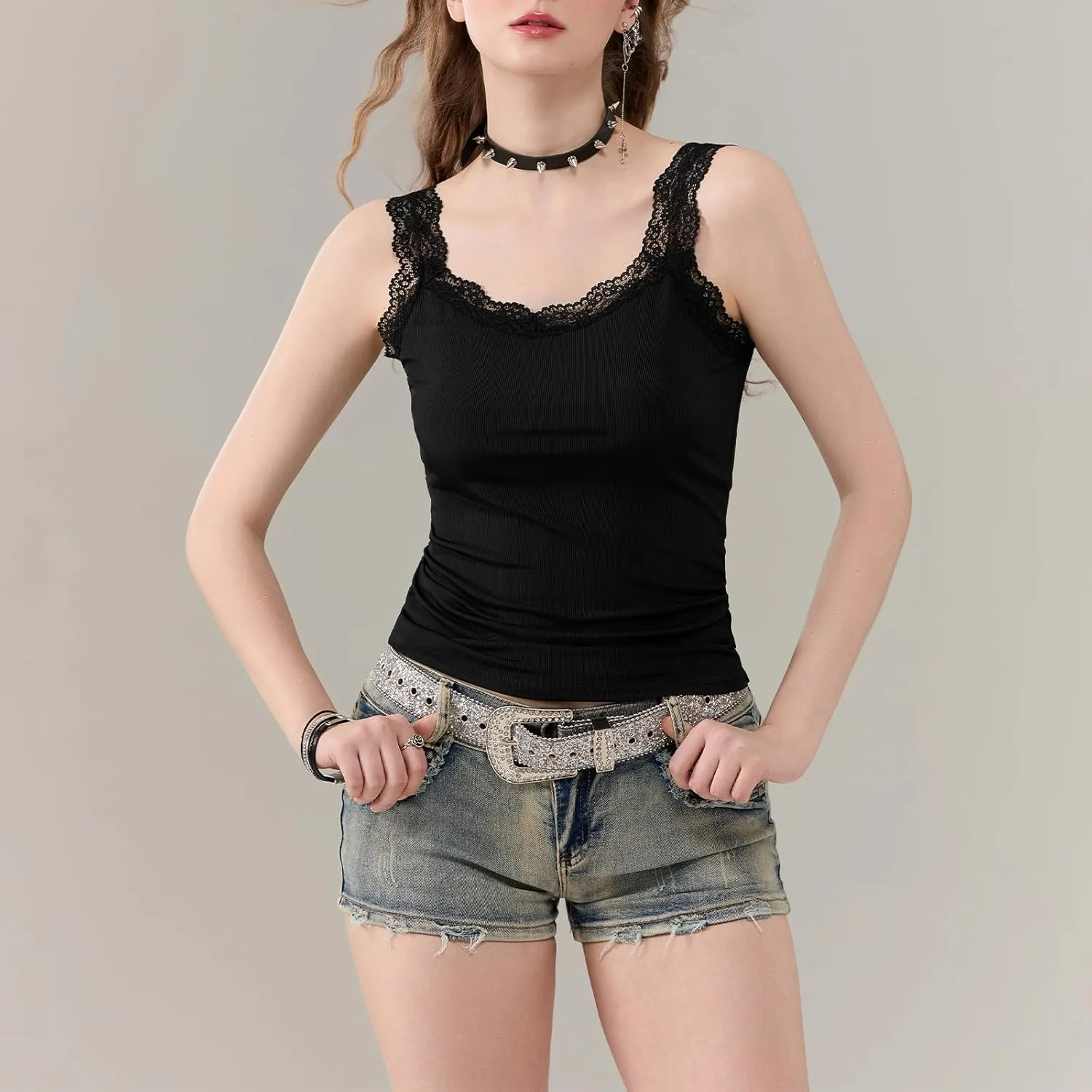 Women Y2K Lace Patchwork Tank Top Aesthetic Low Cut Sleeveless Backless Vest Vintage Camisole Crop Top Streetwear