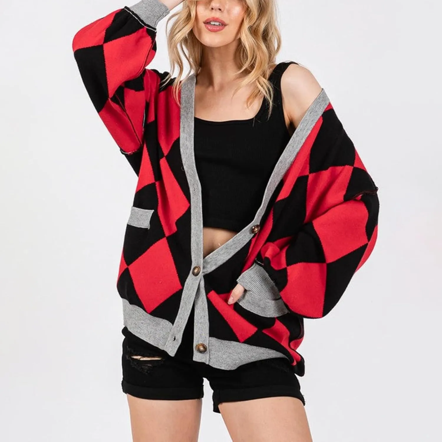 Women Y2k Plaid Cardigan Sweater Oversized Checkered Open Front Cardigan Button Down Long Sleeve Sweater Streetwear
