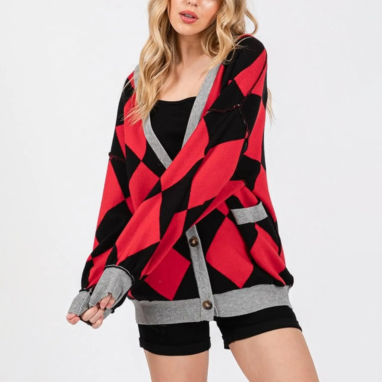 Women Y2k Plaid Cardigan Sweater Oversized Checkered Open Front Cardigan Button Down Long Sleeve Sweater Streetwear