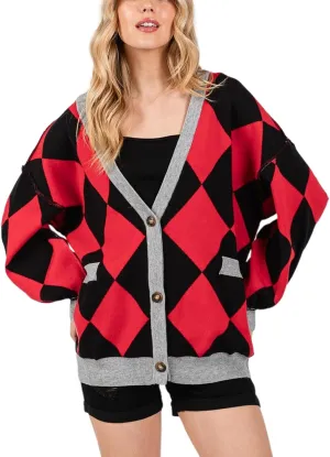 Women Y2k Plaid Cardigan Sweater Oversized Checkered Open Front Cardigan Button Down Long Sleeve Sweater Streetwear