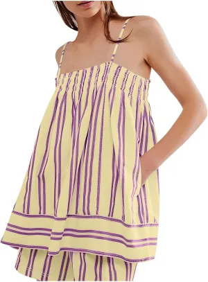 Women Y2k Striped Tank Top Spaghetti Strap Babydoll Camisole Top Sleeveless Backless Peplum Tops Streetwear
