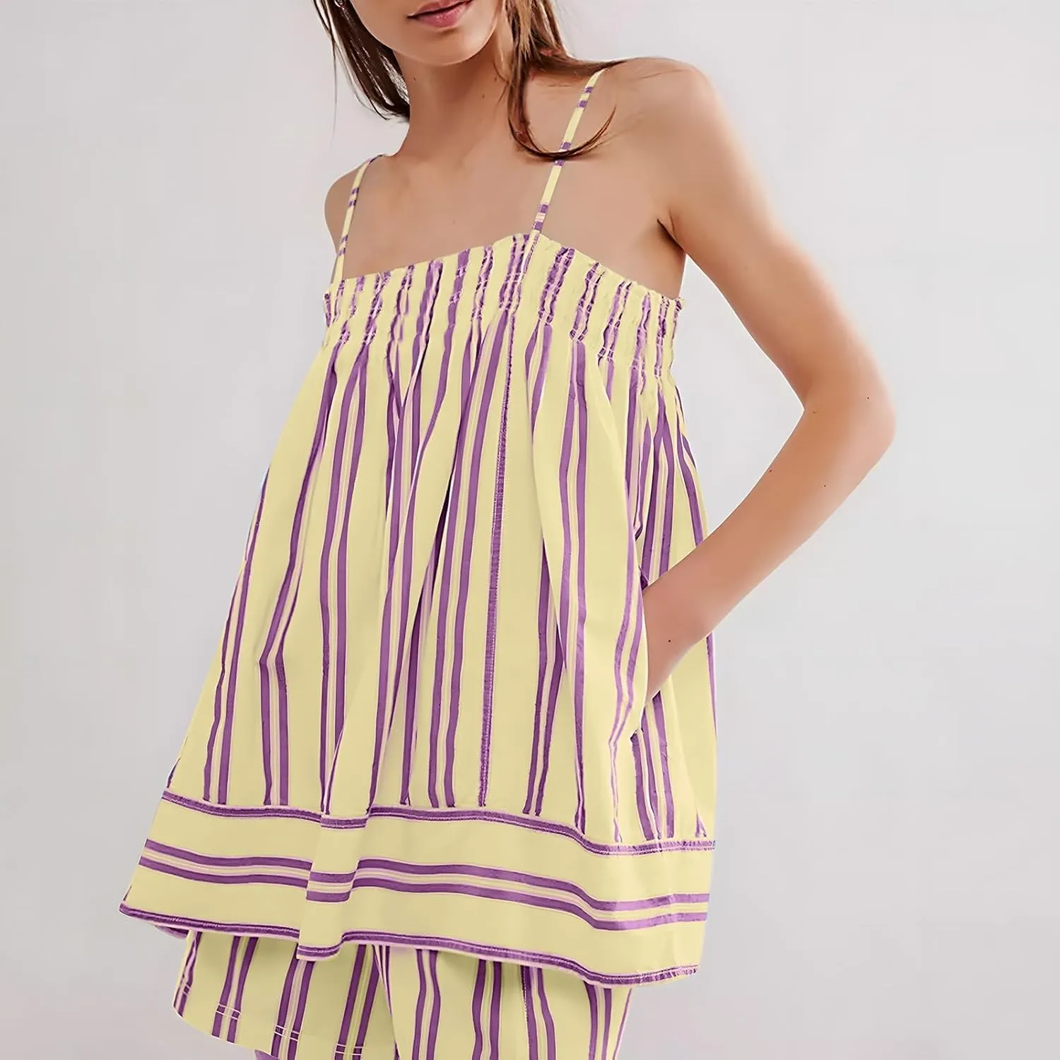 Women Y2k Striped Tank Top Spaghetti Strap Babydoll Camisole Top Sleeveless Backless Peplum Tops Streetwear