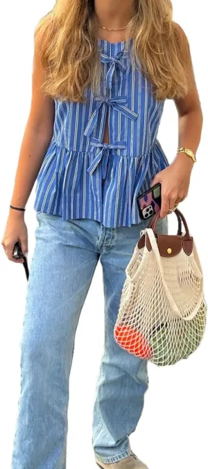 Women Y2K Tie Front Tank Top Sleeveless Peplum Crop Top Babydoll Ruffle Hem Vest Tops Cute Summer