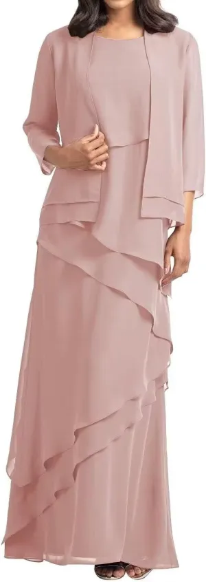 Women's 2 Pieces Chiffon Ruffle Mother of The Bride Dress with Jacket Floor Length Formal Evening Gown