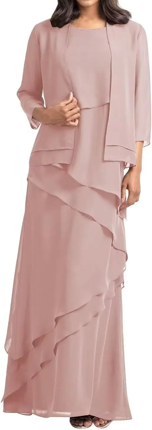 Women's 2 Pieces Chiffon Ruffle Mother of The Bride Dress with Jacket Floor Length Formal Evening Gown
