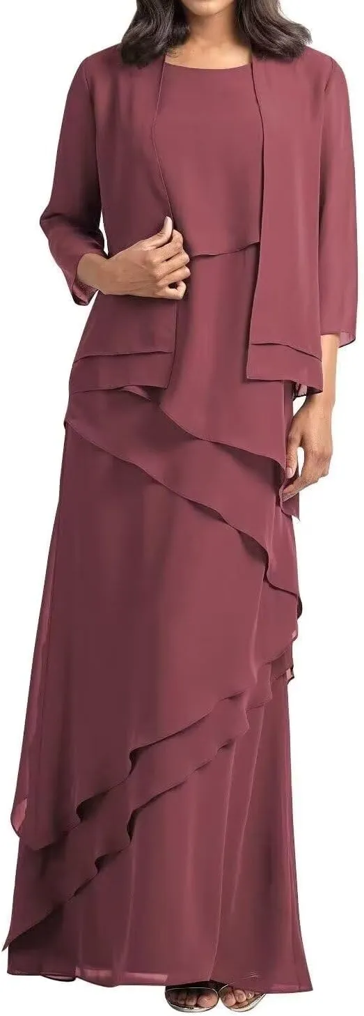 Women's 2 Pieces Chiffon Ruffle Mother of The Bride Dress with Jacket Floor Length Formal Evening Gown