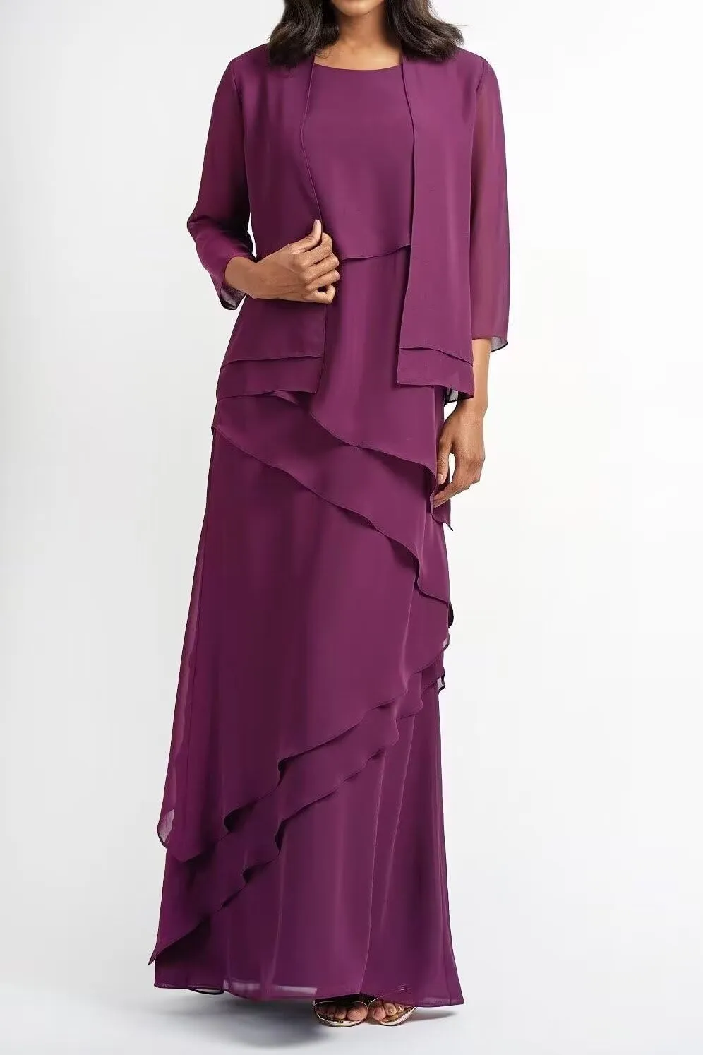 Women's 2 Pieces Chiffon Ruffle Mother of The Bride Dress with Jacket Floor Length Formal Evening Gown