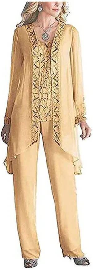 Women's 3 PC Chiffon Mother's Outfit Pants Suits for Wedding Plus Size Evening Gowns Dress Suit