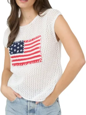 Womens American Flag Crochet Knit Sweater Top Cap Sleeve Crew Neck Sweater Vest Graphic Lightweight Tank Top