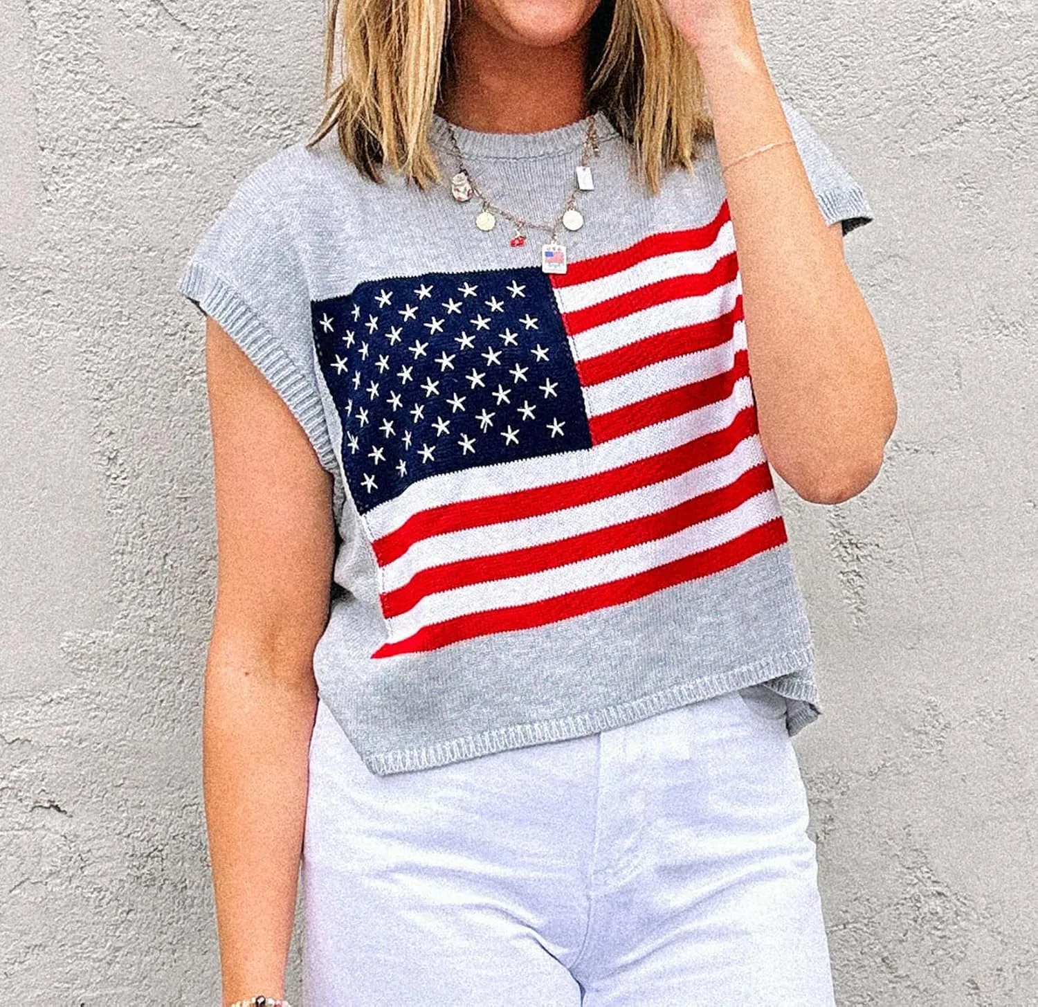 Womens American Flag Sweater Cap Sleeve Summer Crop Tops Crew Neck Loose Fit Knit Sweater Pullover Top