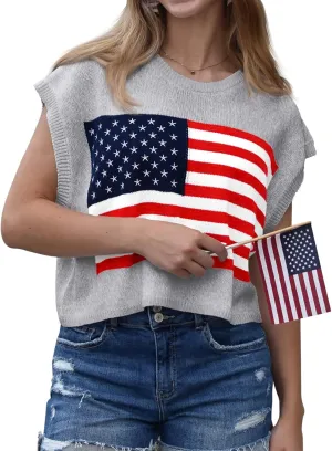 Womens American Flag Sweater Cap Sleeve Summer Crop Tops Crew Neck Loose Fit Knit Sweater Pullover Top