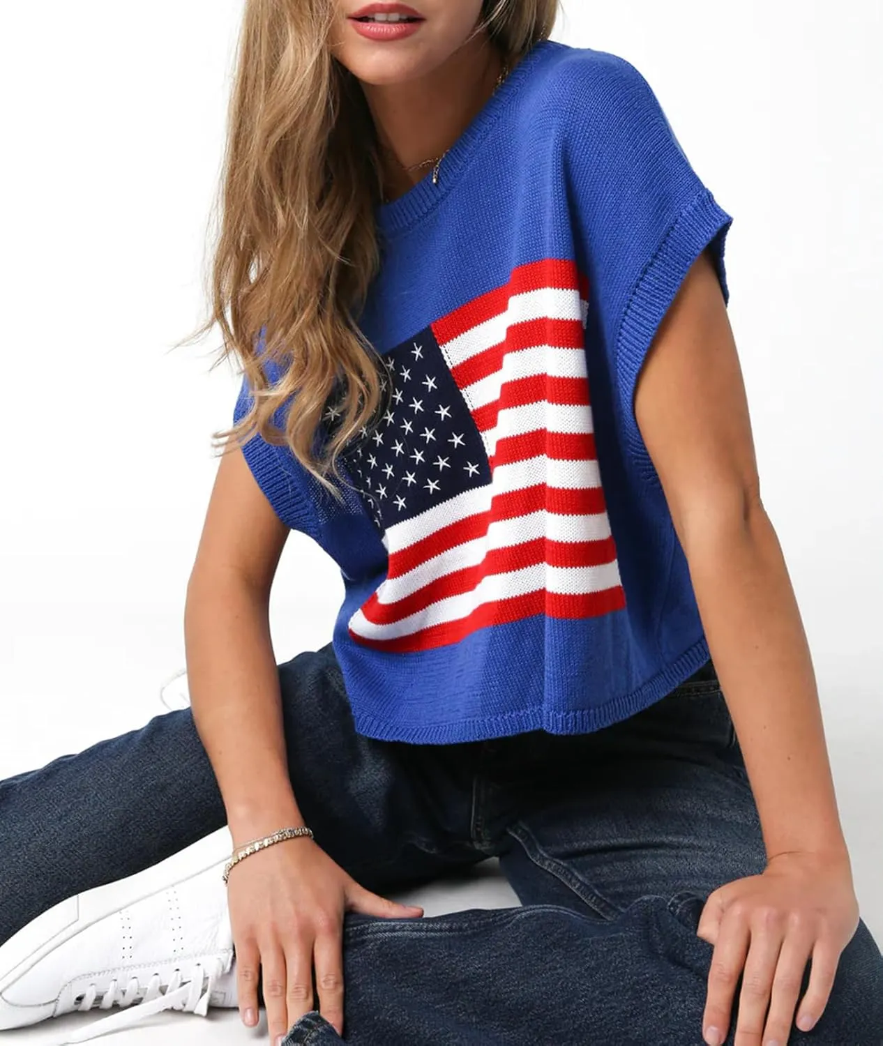 Womens American Flag Sweater Cap Sleeve Summer Crop Tops Crew Neck Loose Fit Knit Sweater Pullover Top