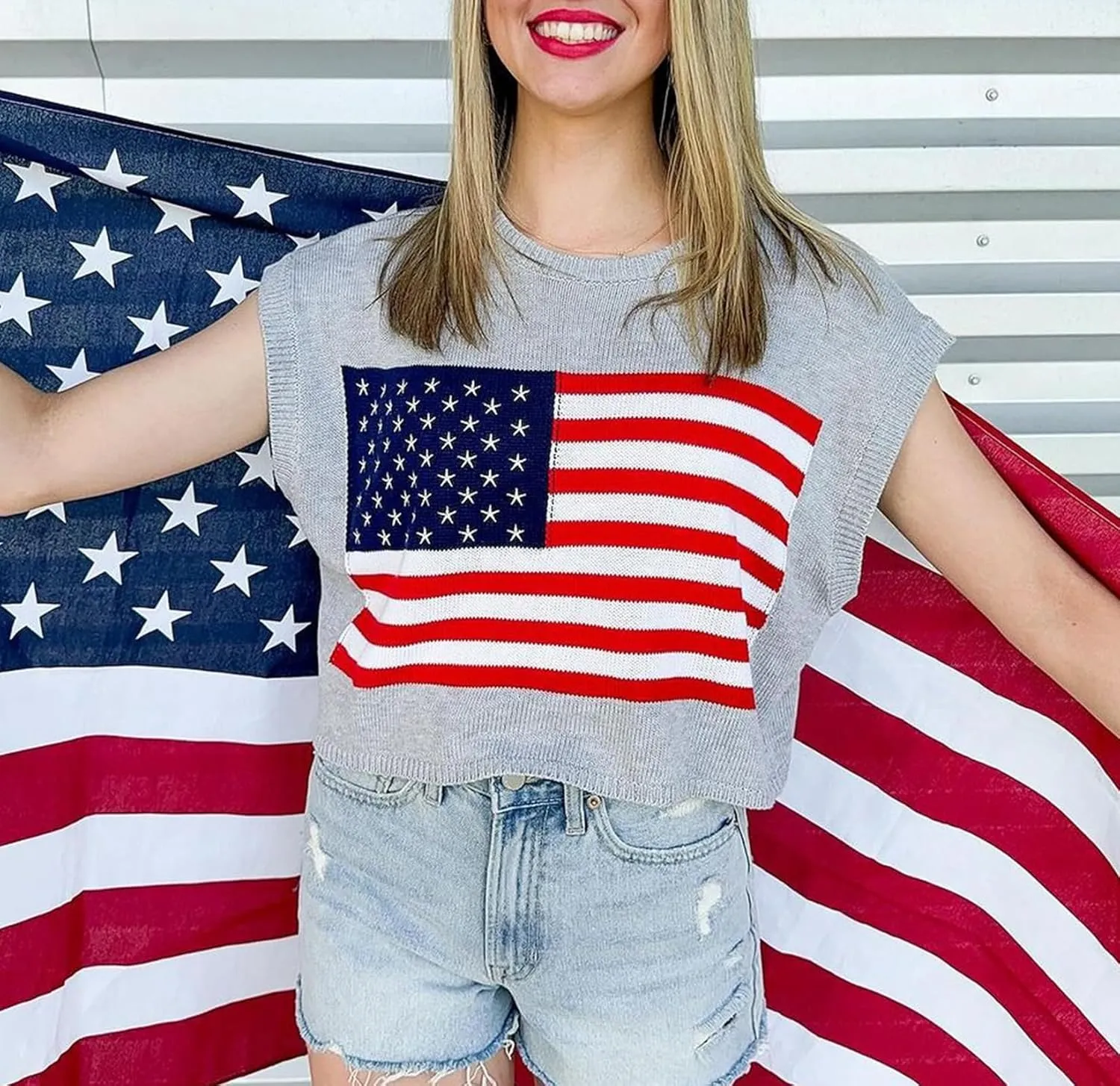 Womens American Flag Sweater Cap Sleeve Summer Crop Tops Crew Neck Loose Fit Knit Sweater Pullover Top