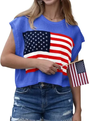 Womens American Flag Sweater Cap Sleeve Summer Crop Tops Crew Neck Loose Fit Knit Sweater Pullover Top