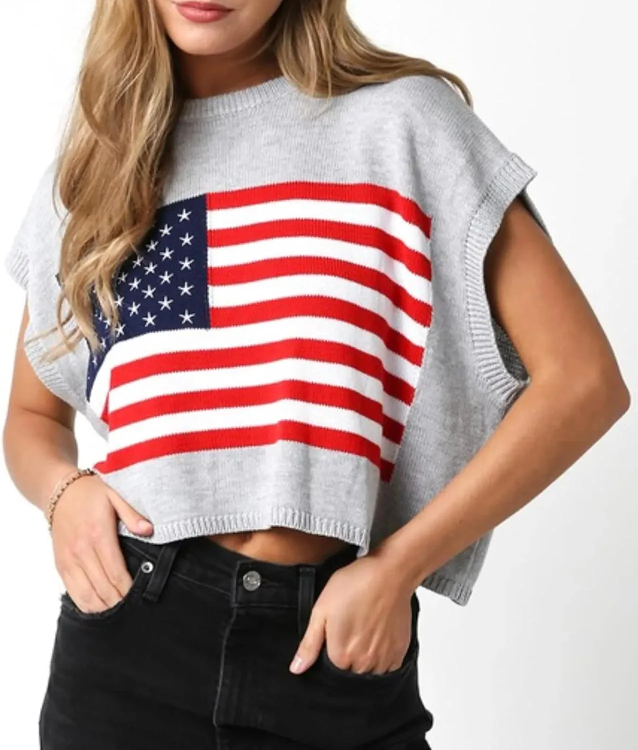 Womens American Flag Sweater Cap Sleeve Summer Crop Tops Crew Neck Loose Fit Knit Sweater Pullover Top