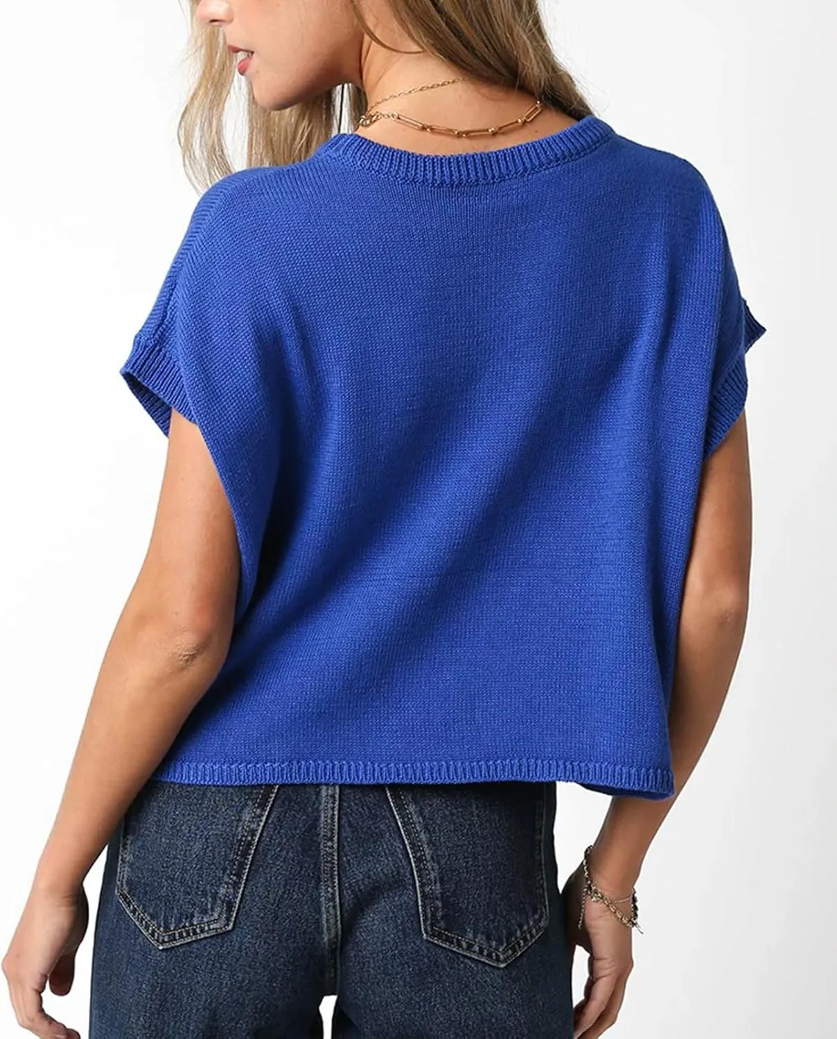 Womens American Flag Sweater Cap Sleeve Summer Crop Tops Crew Neck Loose Fit Knit Sweater Pullover Top