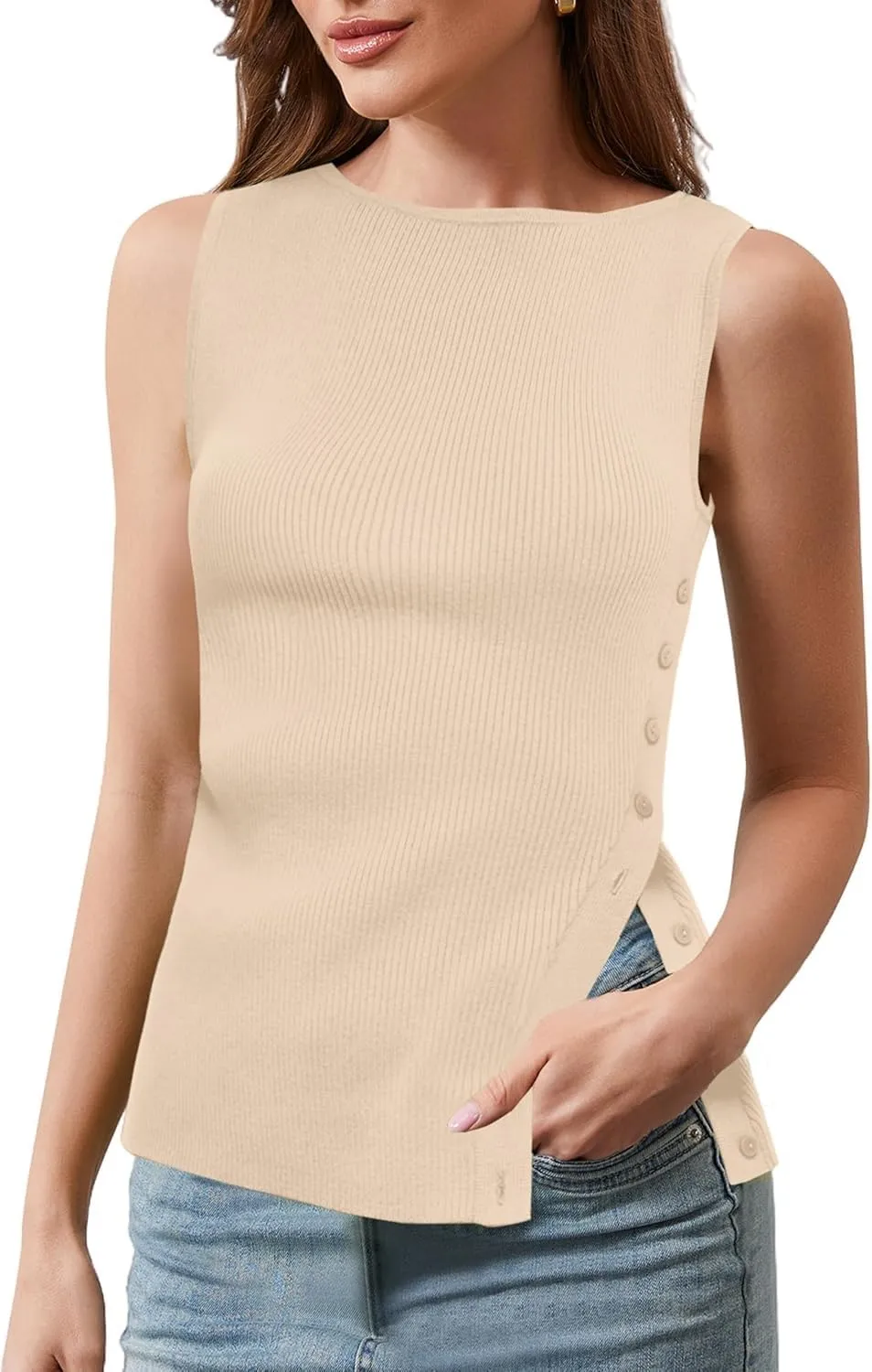 Womens Asymmetric Side Button Sweater Vest Y2k Sleeveless Boat Neck Side Split Sweater Trendy Ribbed Knit Tank Top