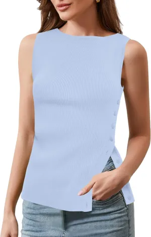 Womens Asymmetric Side Button Sweater Vest Y2k Sleeveless Boat Neck Side Split Sweater Trendy Ribbed Knit Tank Top