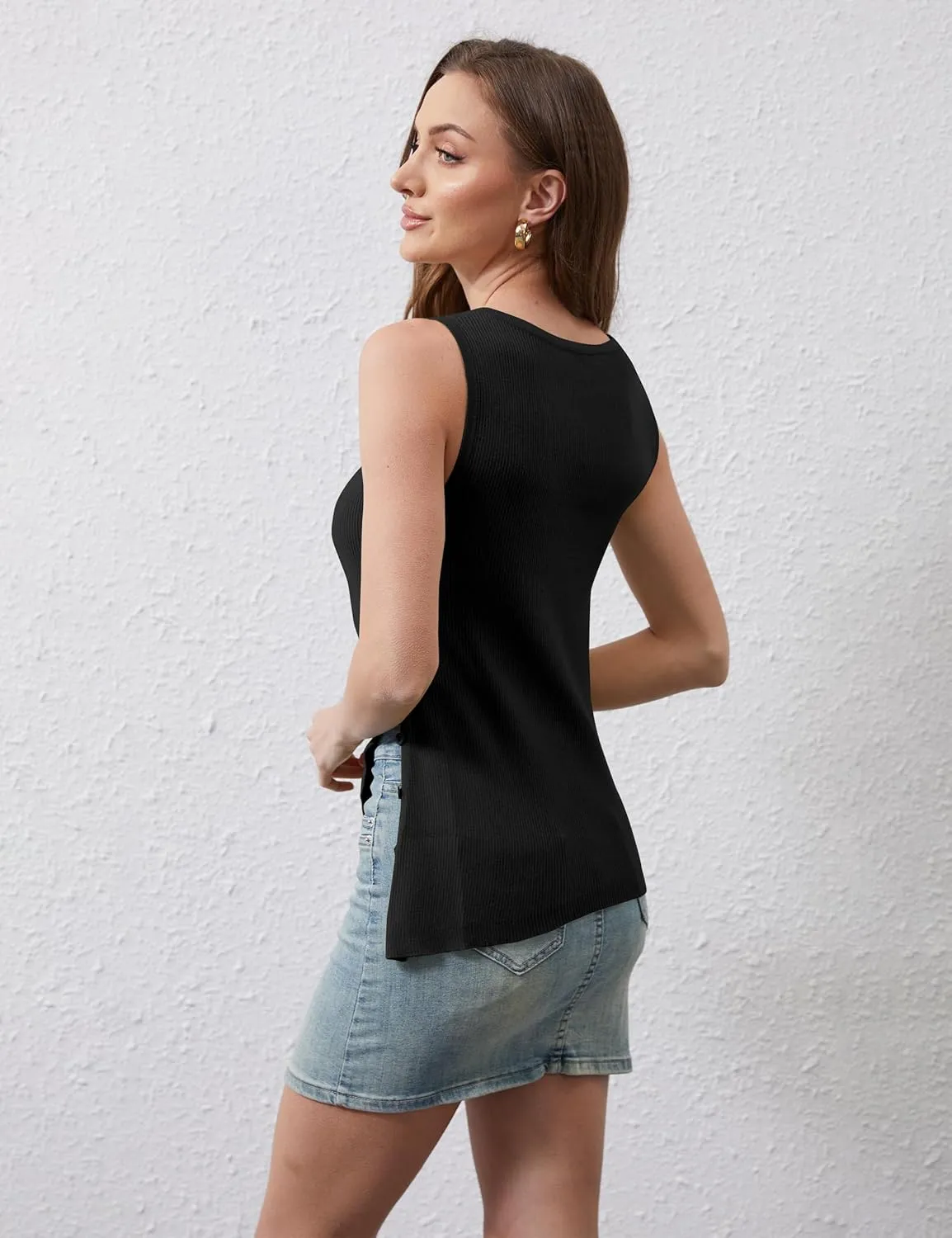 Womens Asymmetric Side Button Sweater Vest Y2k Sleeveless Boat Neck Side Split Sweater Trendy Ribbed Knit Tank Top