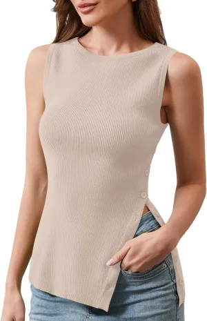 Womens Asymmetric Side Button Sweater Vest Y2k Sleeveless Boat Neck Side Split Sweater Trendy Ribbed Knit Tank Top