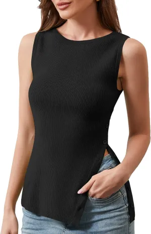 Womens Asymmetric Side Button Sweater Vest Y2k Sleeveless Boat Neck Side Split Sweater Trendy Ribbed Knit Tank Top