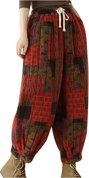 Women's Baggy Harem Pants Vintage Floral Print Casual Elastic Waist Pleated Trousers Trendy Hip-Hop Winter Warm Pant