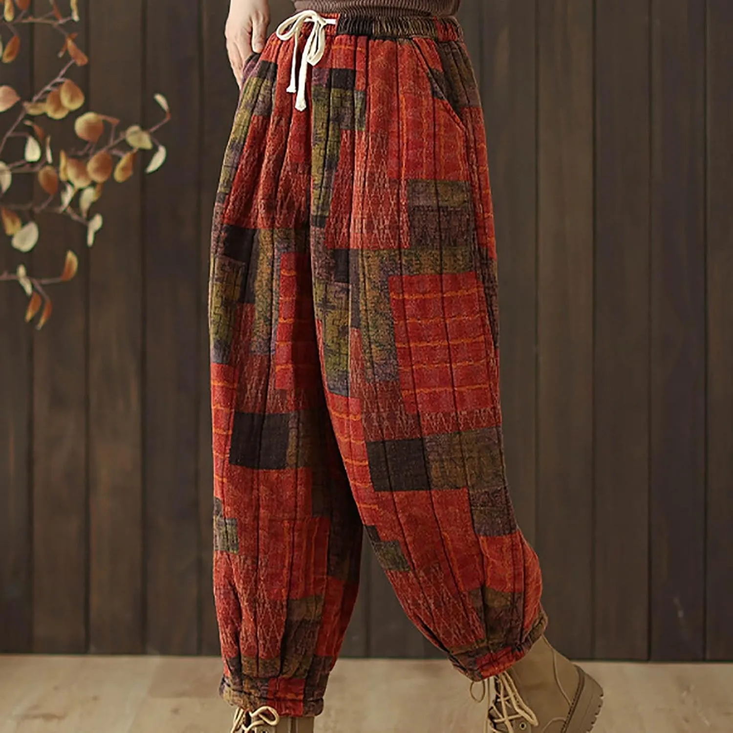 Women's Baggy Harem Pants Vintage Floral Print Casual Elastic Waist Pleated Trousers Trendy Hip-Hop Winter Warm Pant